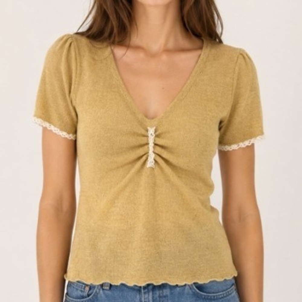 Vtg 70s Empire Knit Top Womens XS Mustard Yellow Ruched Front Cottagecore Boho